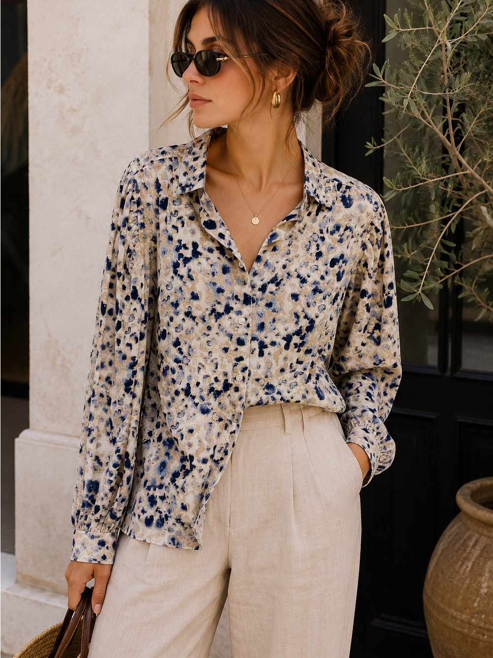 Watercolor Leopard Print Blouse XL | Quiet Luxury Resort Button Up Top